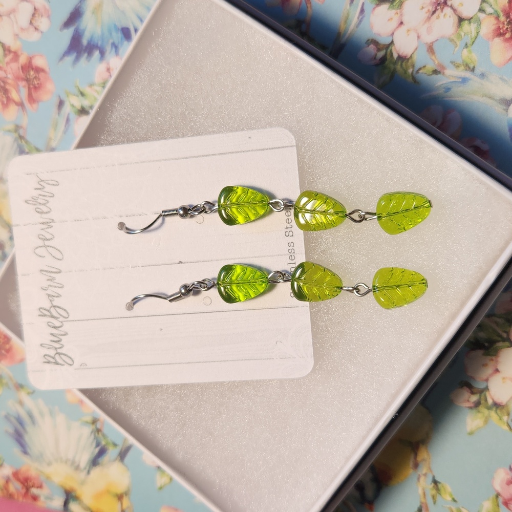 Handmade Green Leaf Dangle Earrings on Stainless Steel